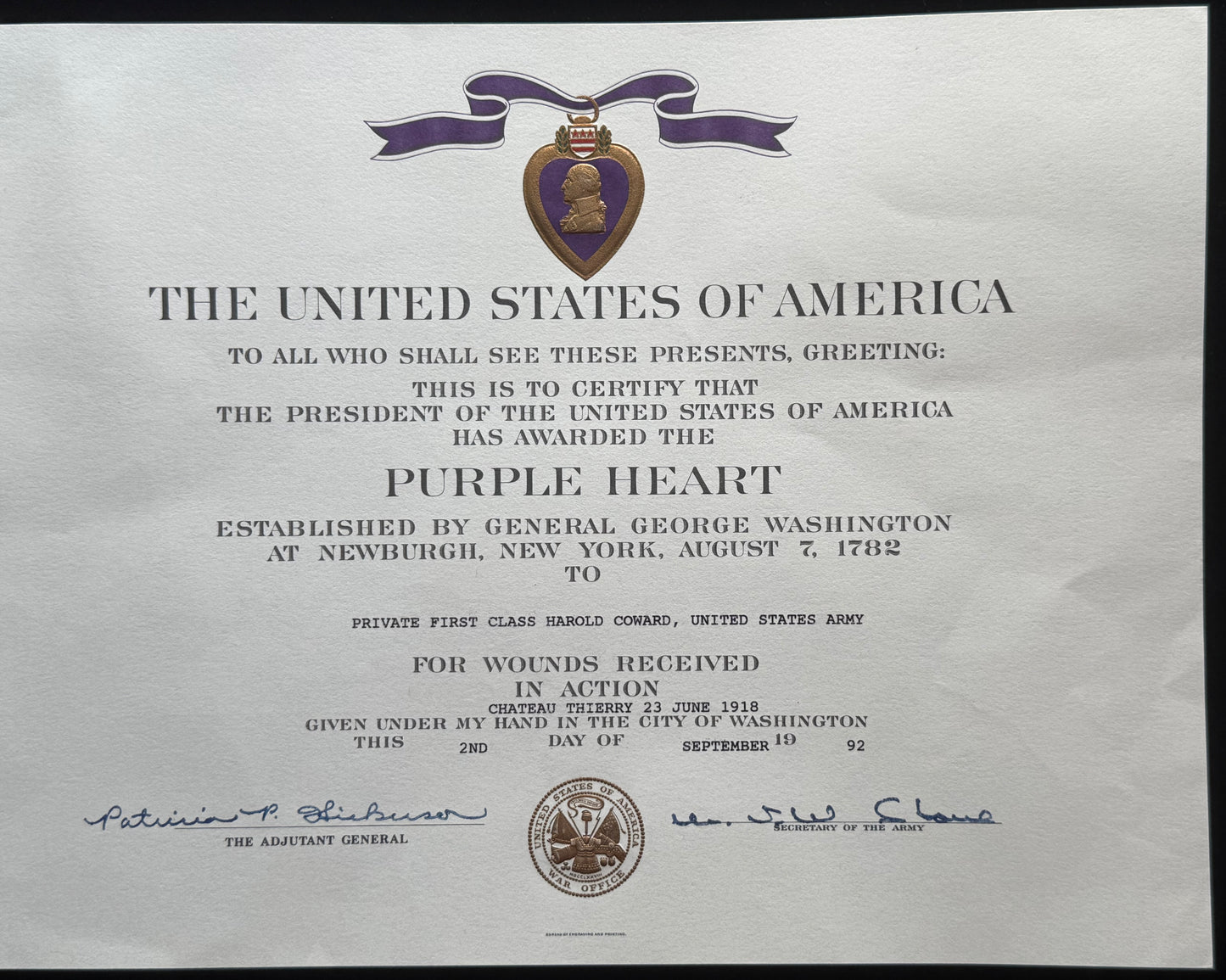 WW1 Purple Heart Group Harry (Harold) Coward Wounded Chateau Thierry with Papers