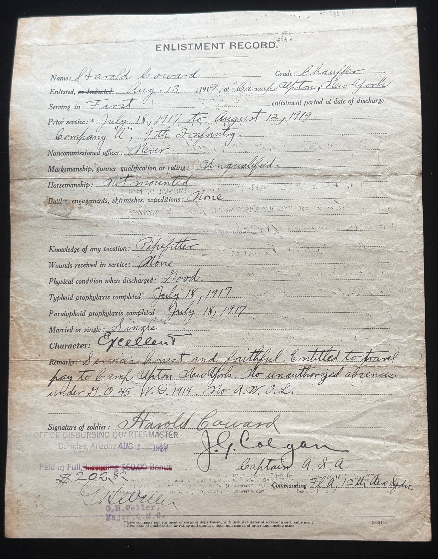 WW1 Purple Heart Group Harry (Harold) Coward Wounded Chateau Thierry with Papers