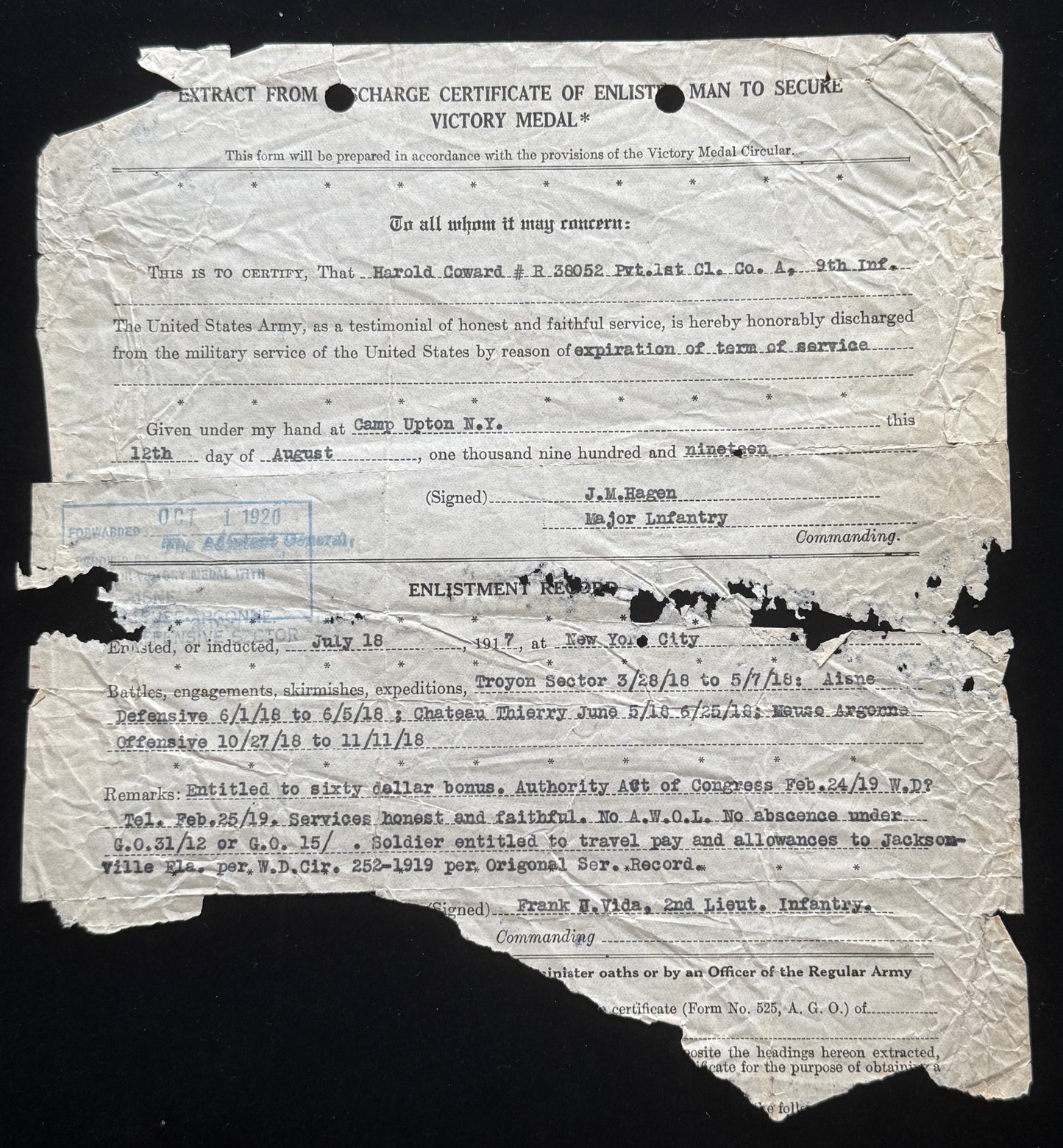 WW1 Purple Heart Group Harry (Harold) Coward Wounded Chateau Thierry with Papers